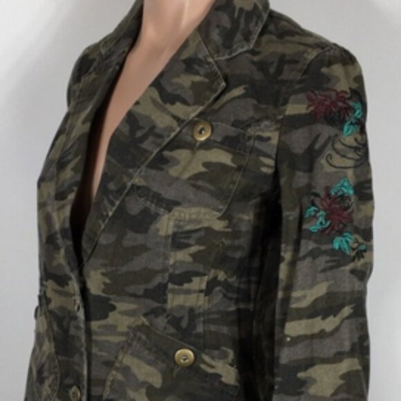 Morbid Threads Denim Military Jacket Embroidery Beaded Camouflage Women's XL - Picture 2 of 16